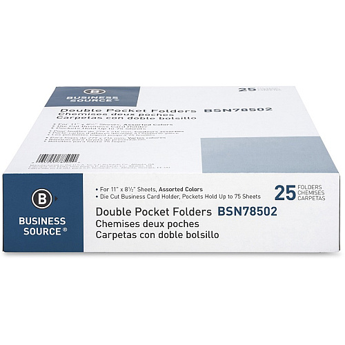 Business Source Letter Recycled Pocket Folder 8 1/2" x 11" - 100 Sheets Capacity - 2 Internal Pocket(s) - Paper - Assorted - Die-cut, Card Holder - 35% Recycled - 25 / Box (BSN78502)