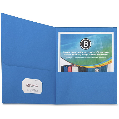Business Source Letter Recycled Pocket Folder 8 1/2" x 11" - 100 Sheets Capacity - 2 Internal Pocket(s) - Paper - Assorted - Die-cut, Card Holder - 35% Recycled - 25 / Box (BSN78502)