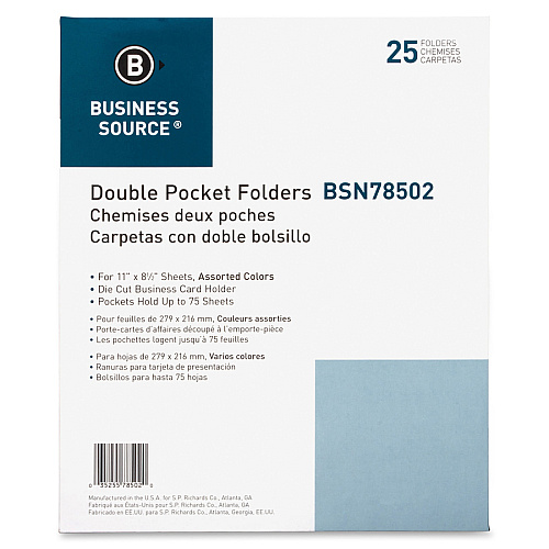 Business Source Letter Recycled Pocket Folder 8 1/2" x 11" - 100 Sheets Capacity - 2 Internal Pocket(s) - Paper - Assorted - Die-cut, Card Holder - 35% Recycled - 25 / Box (BSN78502)