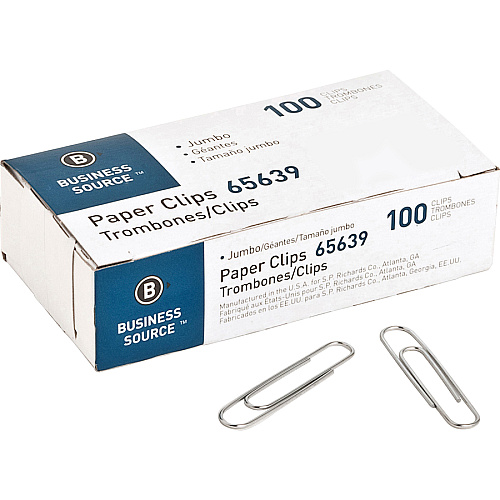 Business Source Paper Clips Jumbo - Silver - Steel - 100/Box - 10 / Pack (BSN65639)