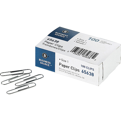Business Source Paper Clips No. 1 - Silver - Steel - 100/Box - 10 / Pack (BSN65638)