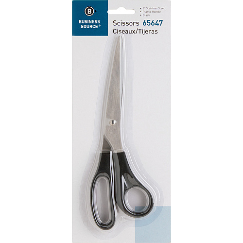 Business Source Stainless Steel Scissors 8" Overall Length - Bent-right - Stainless Steel - Black - 1 Each (BSN65647)