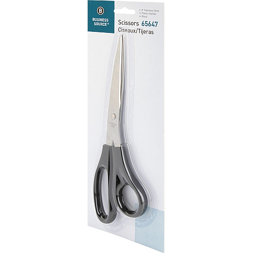 Business Source Stainless Steel Scissors 8" Overall Length - Bent-right - Stainless Steel - Black - 1 Each (BSN65647)