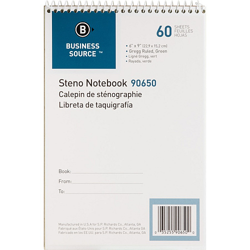 Business Source Steno Notebook 60 Sheets - Coilock - Gregg Ruled Margin - 6" x 9" Sheet Size - Green Tint Paper - Stiff-back, Sturdy - 1 Each (BSN90650)