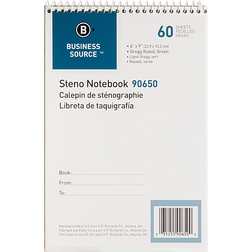 Business Source Steno Notebook 60 Sheets - Coilock - Gregg Ruled Margin - 6" x 9" Sheet Size - Green Tint Paper - Stiff-back, Sturdy - 1 Each (BSN90650)