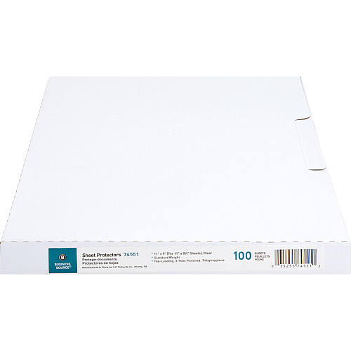 Business Source Top-Loading Poly Sheet Protectors 11" Height x 9" Width x 1.9 mil Thickness - For Letter 8 1/2" x 11" Sheet - 3 x Holes - Ring Binder - Rectangular - Clear - Polypropylene - 100 / Box (BSN74551)