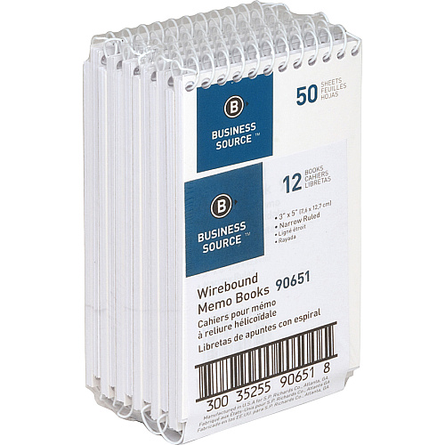 Business Source Wirebound Memo Books 50 Sheet(s) - Wire Bound - 5" x 3" Sheet Size - White - White Sheet(s) - 1 Dozen (BSN90651)
