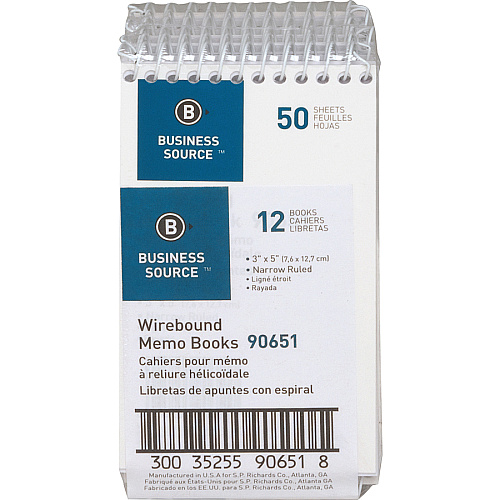 Business Source Wirebound Memo Books 50 Sheet(s) - Wire Bound - 5" x 3" Sheet Size - White - White Sheet(s) - 1 Dozen (BSN90651)