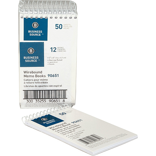 Business Source Wirebound Memo Books 50 Sheet(s) - Wire Bound - 5" x 3" Sheet Size - White - White Sheet(s) - 1 Dozen (BSN90651)