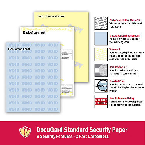 DocuGard Standard 2-part Medical Security Paper Letter - 8 1/2" x 11" - 24 lb Basis Weight - Tamper Resistant, Pantograph, Erasure Protection, Watermarked, Security Features Listing, Coin-reactive Ink, Microtext Printing, Carbonless, CMS Approved, (04544)