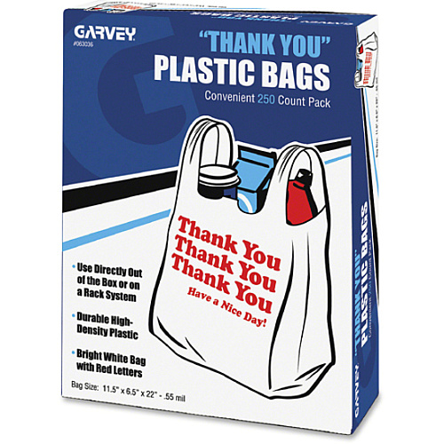 COSCO Thank You Plastic Bags 22" Length x 11" Width x 0.55 mil (14 Micron) Thickness - High Density - White - Plastic - 250 / Box (063036)