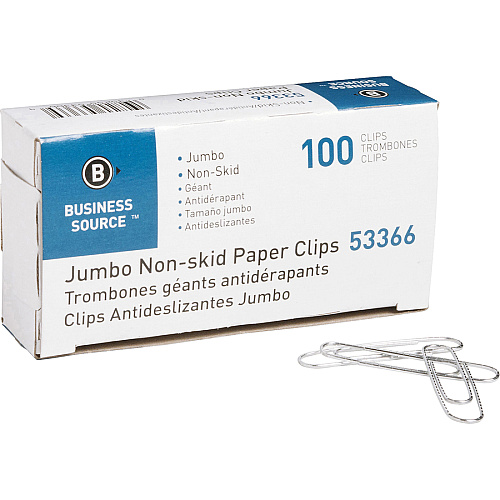 Business Source Jumbo Nonskid Paper Clips Jumbo - Silver - Steel - 100/Box - 10 / Pack (BSN53366)