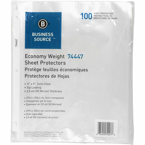 Business Source Economy Weight Sheet Protectors 11" Height x 9" Width x 2 mil Thickness - For Letter 8 1/2" x 11" Sheet - Ring Binder - Rectangular - Semi Clear - Polypropylene - 100 / Pack (BSN74447)