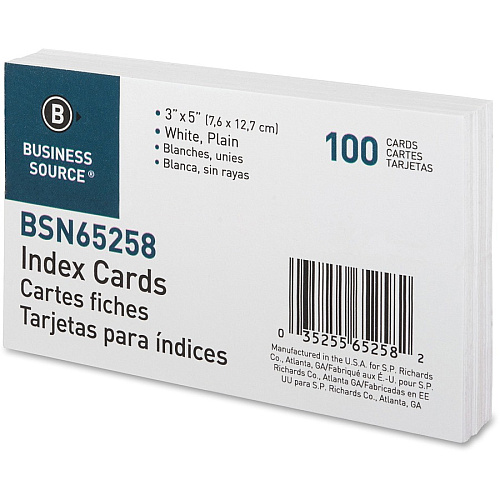 Business Source Plain Index Cards 5" Width x 3" Length - 100 / Pack (BSN65258)