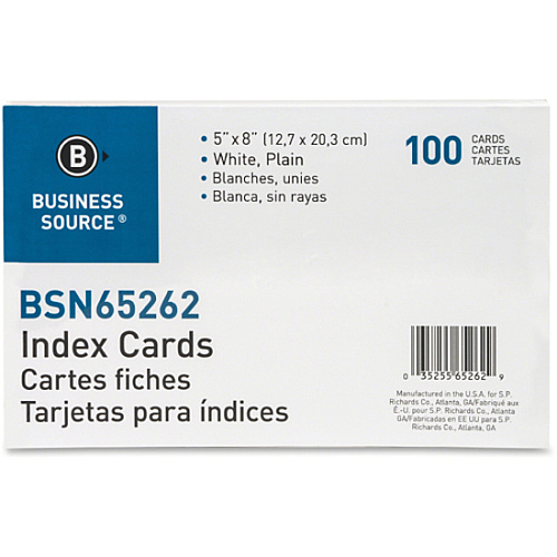 Business Source Plain Index Cards 8" Width x 5" Length - 100 / Pack (BSN65262)