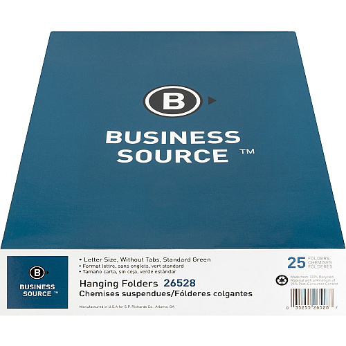 Business Source Letter Recycled Hanging Folder 8 1/2" x 11" - 11 pt. - Green - 100% Recycled - 25 / Box (BSN26528)