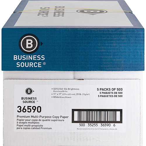 Business Source Premium Multipurpose Copy Paper 92 Brightness - Ledger/Tabloid - 11" x 17" - 20 lb Basis Weight - Acid-free - White - 500 Sheets per Ream - 5 / Carton (BSN36590)