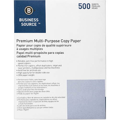 Business Source 3HP Premium Multipurpose Copy Paper - White 92 Brightness - Letter - 8 1/2" x 11" - 20 lb Basis Weight - Acid-free - White - 500 Sheets per Ream - 10 / Carton (BSN36592)