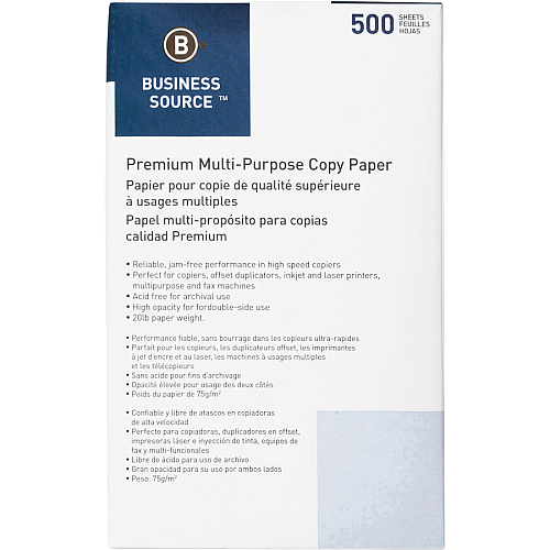 International Paper Business Source Premium Multipurpose Copy Paper 92 Brightness - Legal - 8 1/2" x 14" - 20 lb Basis Weight - Acid-free - White - 500 Sheets per Ream - 10 / Carton (BSN36593)
