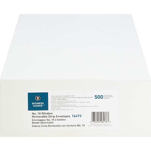 Business Source Security Tint Window Envelopes Business - #10 - 9 1/2" Width x 4 1/8" Length - Peel & Seal - White - Wove - 500 / Box (BSN16473)