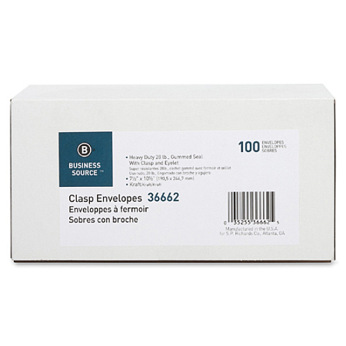 Business Source Heavy-duty Clasp Envelopes Clasp - #75 - 7 1/2" Width x 10 1/2" Length - 28 lb - Clasp - Kraft - Kraft - 100 / Box (BSN36662)