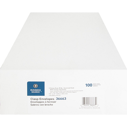 Business Source Heavy-duty Clasp Envelopes Clasp - #90 - 9" Width x 12" Length - 28 lb - Clasp - Kraft - Kraft - 100 / Box (BSN36663)