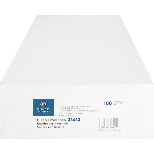 Business Source Heavy-duty Clasp Envelopes Clasp - #90 - 9" Width x 12" Length - 28 lb - Clasp - Kraft - Kraft - 100 / Box (BSN36663)