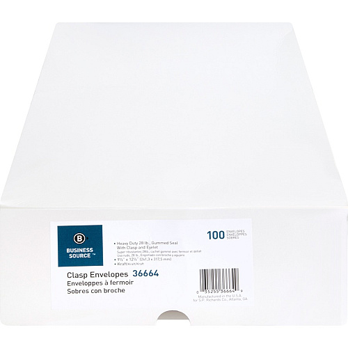 Business Source Heavy-duty Clasp Envelopes Clasp - #93 - 9 1/2" Width x 12 1/2" Length - 28 lb - Clasp - Kraft - Kraft - 100 / Box (BSN36664)
