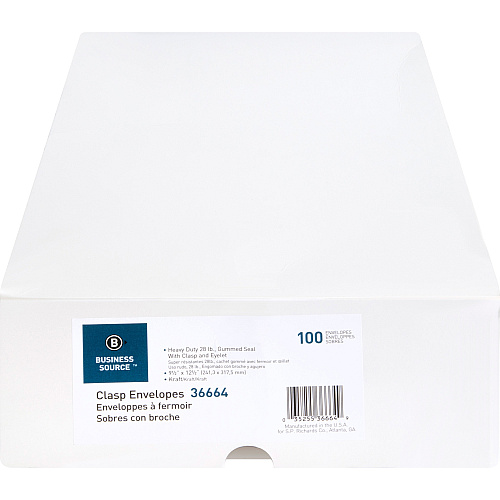 Business Source Heavy-duty Clasp Envelopes Clasp - #93 - 9 1/2" Width x 12 1/2" Length - 28 lb - Clasp - Kraft - Kraft - 100 / Box (BSN36664)