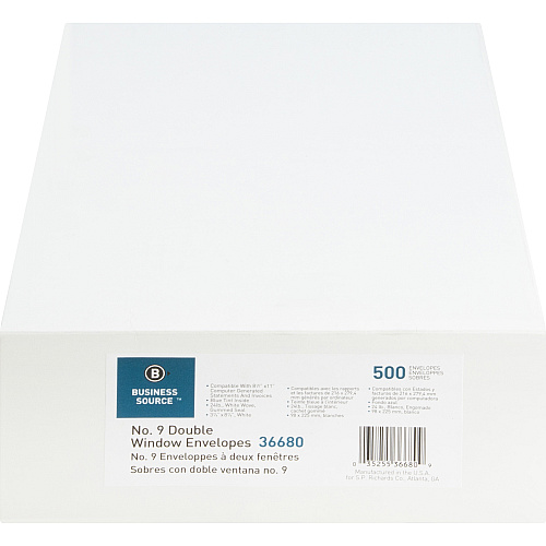Business Source No. 9 Double Window Invoice Envelopes Double Window - #9 - 8 7/8" Width x 3 7/8" Length - 24 lb - White - 500 / Box (BSN36680)