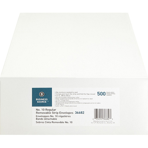 Business Source Regular Tint Peel/Seal Envelopes Business - #10 - 9 1/2" Width x 4 1/8" Length - 24 lb - Peel & Seal - White - Wove - 500 / Box (BSN36682)