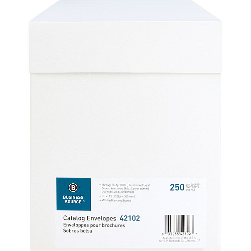 Business Source 28 lb. White Catalog Envelopes Catalog - #10 1/2 - 9" Width x 12" Length - 28 lb - Gummed - White - Wove - 250 / Box (BSN42102)