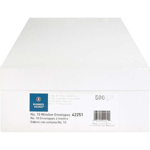 Business Source Economical No. 10 Window Envelope Single Window - #10 - 9 1/2" Width x 4 1/8" Length - 24 lb - White - 500 / Box (BSN42251)