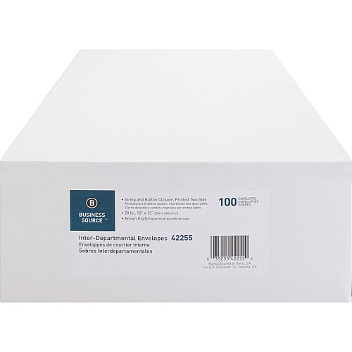 Business Source 2-sided Inter-Department Envelopes Inter-department - 10" Width x 13" Length - 28 lb - String/Button - Kraft - Kraft - 100 / Box (BSN42255)