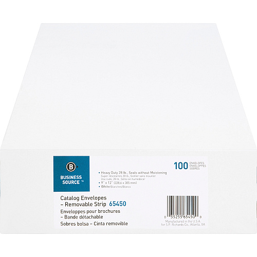 Business Source Self Sealing Catalog Envelope Catalog - 9" Width x 12" Length - 28 lb - Peel & Seal - White - Wove - 100 / Box (BSN65450)