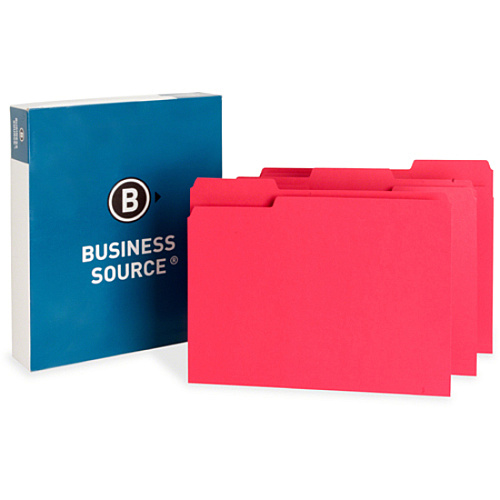 Business Source 1/3 Tab Cut Letter Recycled Top Tab File Folder 8 1/2" x 11" - Top Tab Location - Assorted Tab Position - 11 pt. - 1 Plys - Red - 10% Recycled - 100 / Box (BSN65776)