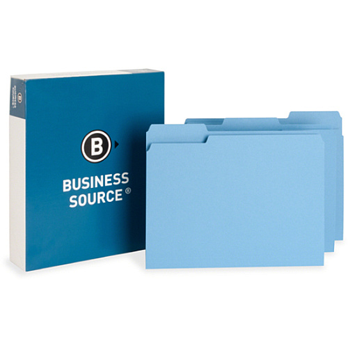 Business Source 1/3 Tab Cut Letter Recycled Top Tab File Folder 8 1/2" x 11" - Top Tab Location - Assorted Tab Position - 11 pt. - 1 Plys - Blue - 10% Recycled - 100 / Box (BSN65779)
