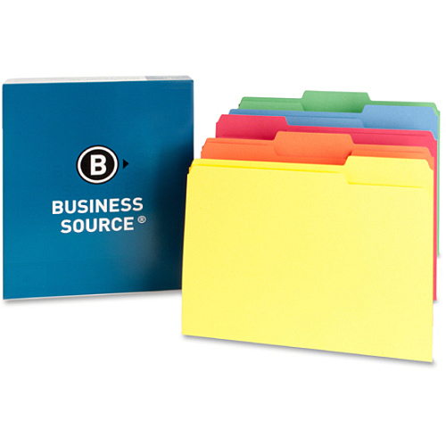 Business Source 1/3 Tab Cut Letter Recycled Top Tab File Folder 8 1/2" x 11" - Top Tab Location - Assorted Tab Position - 11 pt. - 1 Plys - Assorted - 10% Recycled - 100 / Box (BSN65780)