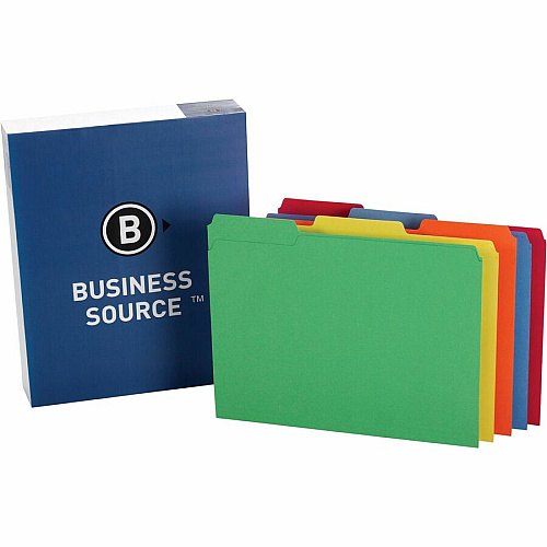 Business Source 1/3 Tab Cut Letter Recycled Top Tab File Folder 8 1/2" x 11" - Top Tab Location - Assorted Tab Position - 11 pt. - 1 Plys - Assorted - 10% Recycled - 100 / Box (BSN65780)