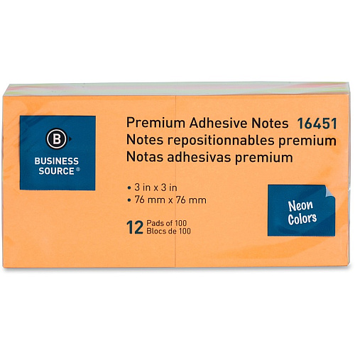 Business Source Repositionable Neon Notes 3" Flag/Note Width x 3" Flag/Note Length - Square - Neon - Removable, Repositionable, Solvent-free Adhesive - 12 / Pack (BSN16451)