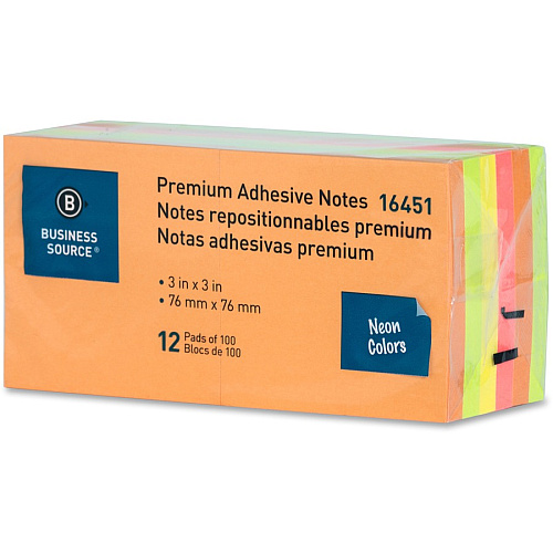 Business Source Repositionable Neon Notes 3" Flag/Note Width x 3" Flag/Note Length - Square - Neon - Removable, Repositionable, Solvent-free Adhesive - 12 / Pack (BSN16451)