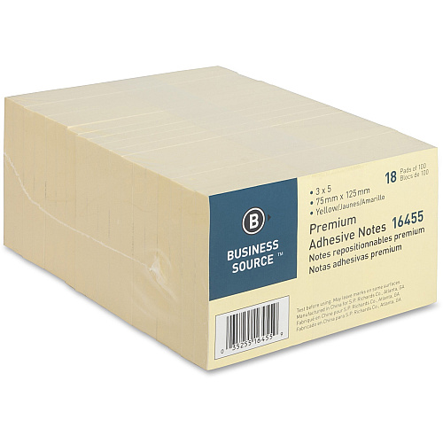 Business Source Repositionable Notes 3" Flag/Note Width x 5" Flag/Note Length - Rectangle - Yellow - Repositionable, Solvent-free Adhesive - 18 / Pack (BSN16455)