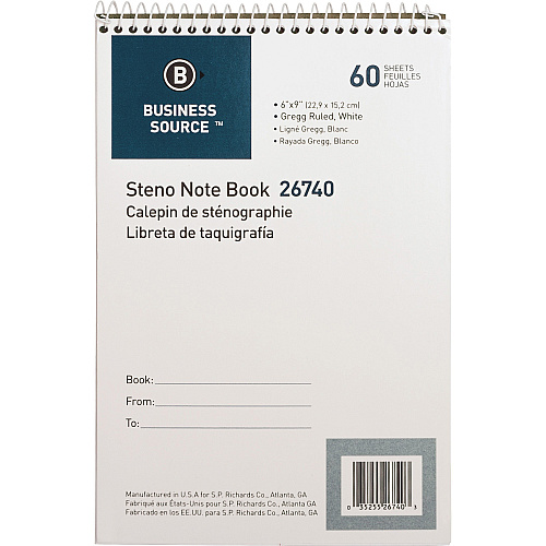 Business Source Steno Notebook 60 Sheets - Wire Bound - Gregg Ruled Margin - 15 lb Basis Weight - 6" x 9" Sheet Size - White Paper - Stiff-back - 1 Each (BSN26740)