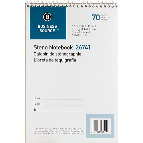 Business Source Steno Notebook 70 Sheets - Wire Bound - Gregg Ruled Margin - 15 lb Basis Weight - 6" x 9" Sheet Size - Green Paper - Stiff-back - 1 Each (BSN26741)