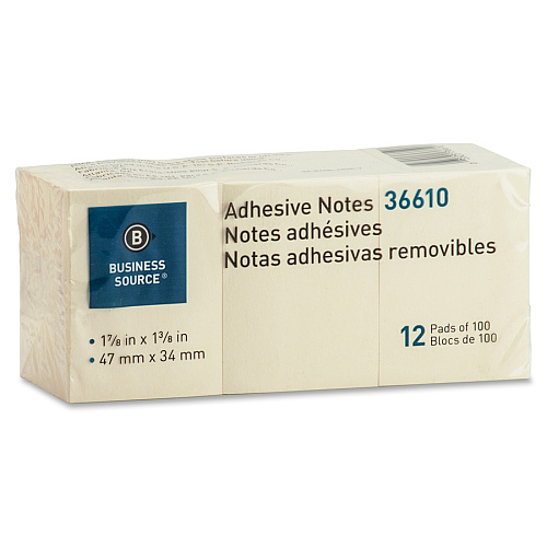 Business Source Yellow Repositionable Adhesive Notes 1 7/8" Flag/Note Width x 1 3/8" Flag/Note Length - Rectangle - Yellow - Repositionable, Solvent-free Adhesive - 12 / Pack (BSN36610)