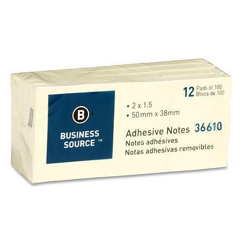 Business Source Yellow Repositionable Adhesive Notes 1 7/8" Flag/Note Width x 1 3/8" Flag/Note Length - Rectangle - Yellow - Repositionable, Solvent-free Adhesive - 12 / Pack (BSN36610)