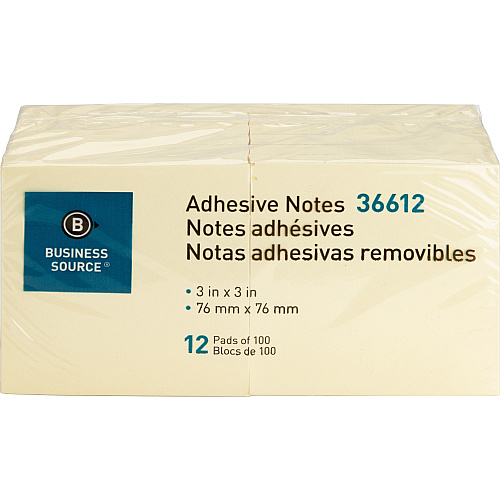 Business Source Yellow Repositionable Adhesive Notes 3" Flag/Note Width x 3" Flag/Note Length - Square - Yellow - Repositionable, Solvent-free Adhesive - 12 / Pack (BSN36612)