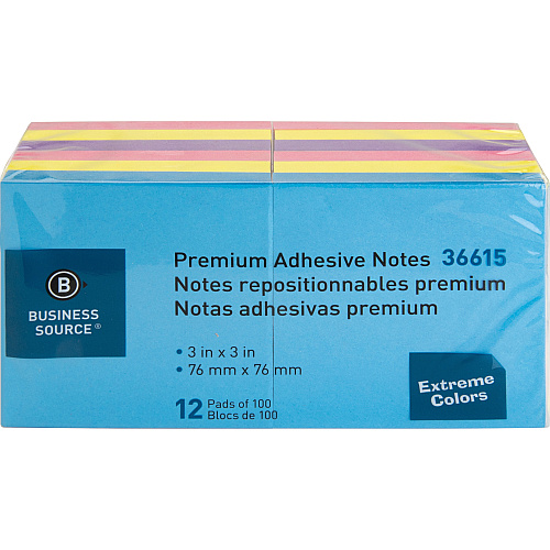 Business Source 3x3 Extreme Colors Adhesive Notes 100 - 3" Flag/Note Width x 3" Flag/Note Length - Square - Assorted - Repositionable, Solvent-free Adhesive - 12 / Pack (BSN36615)
