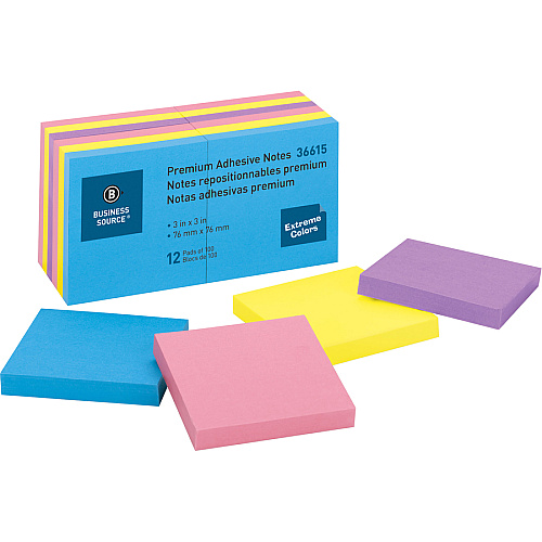 Business Source 3x3 Extreme Colors Adhesive Notes 100 - 3" Flag/Note Width x 3" Flag/Note Length - Square - Assorted - Repositionable, Solvent-free Adhesive - 12 / Pack (BSN36615)