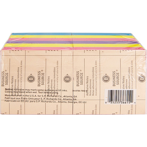 Business Source 3x3 Extreme Colors Adhesive Notes 100 - 3" Flag/Note Width x 3" Flag/Note Length - Square - Assorted - Repositionable, Solvent-free Adhesive - 12 / Pack (BSN36615)